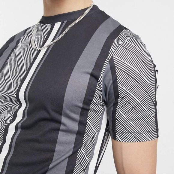 River Island ASOS Striped Grey Graphic T-shirt Muscle Fitted Tight Small - Picture 2 of 12